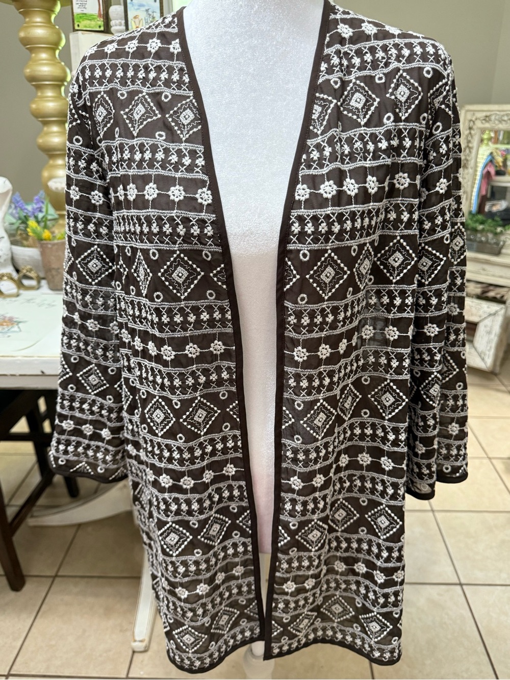 Chico's Brown and white Geometric Open Cardigan Medium - Picture 2 of 7